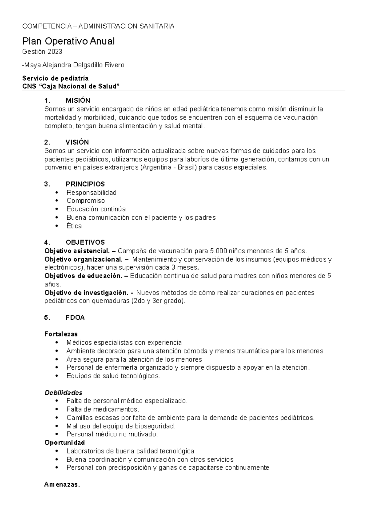 Administración Sanitaria: Plan Operativo Anual Servicio Pediatría 2023 - Document Preview