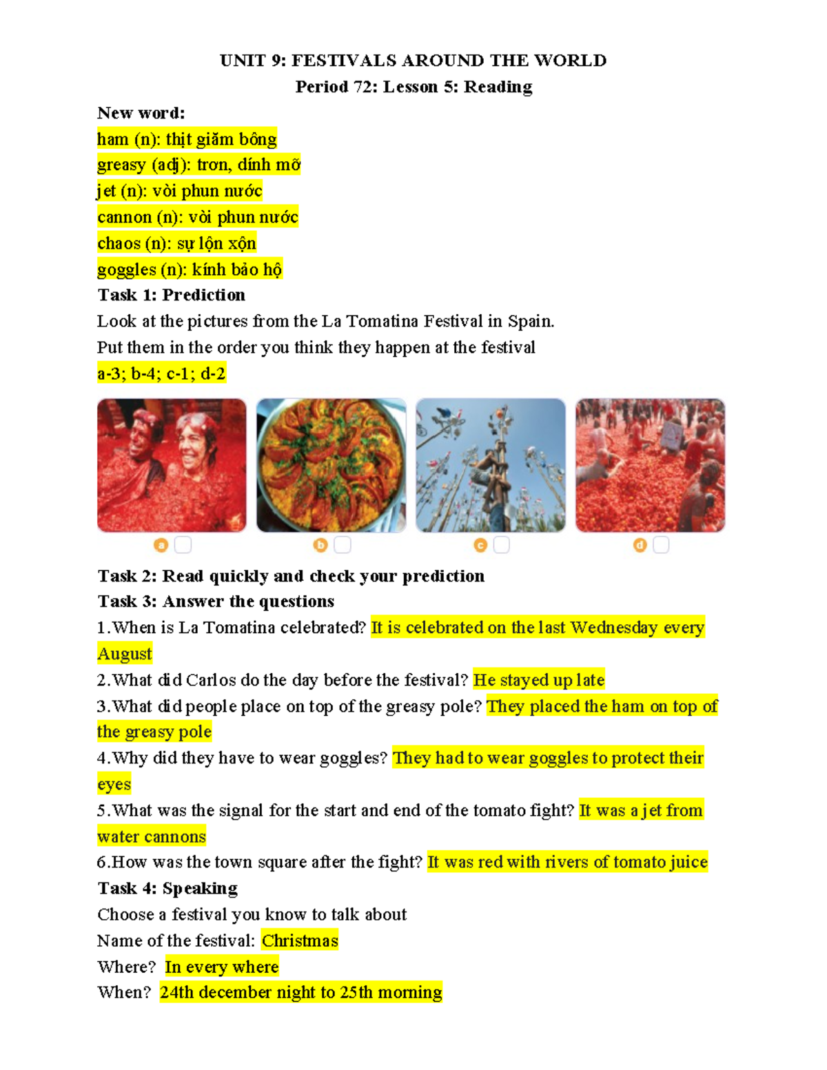UNIT 9: Festivals Around the World - Lesson 5 Reading Activities - Studocu