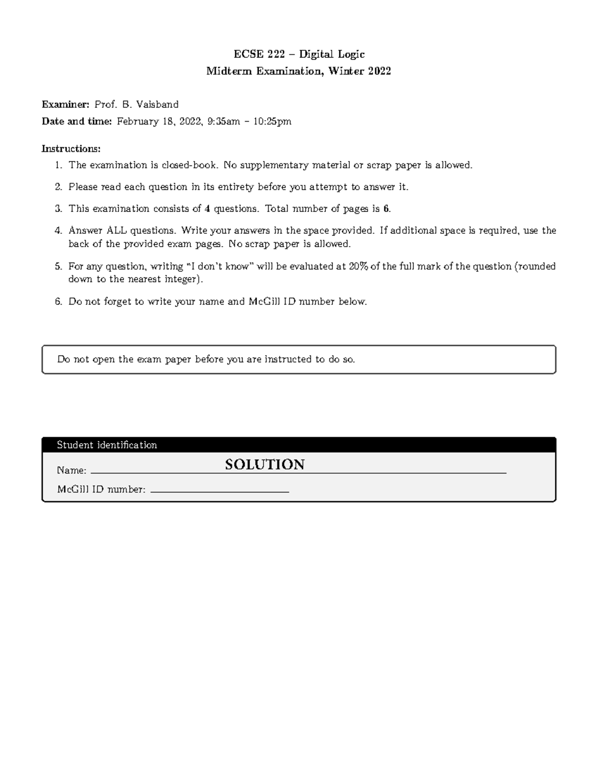 ECSE Digital Logic Midterm 1 Solutions, Winter 2022 - Studocu