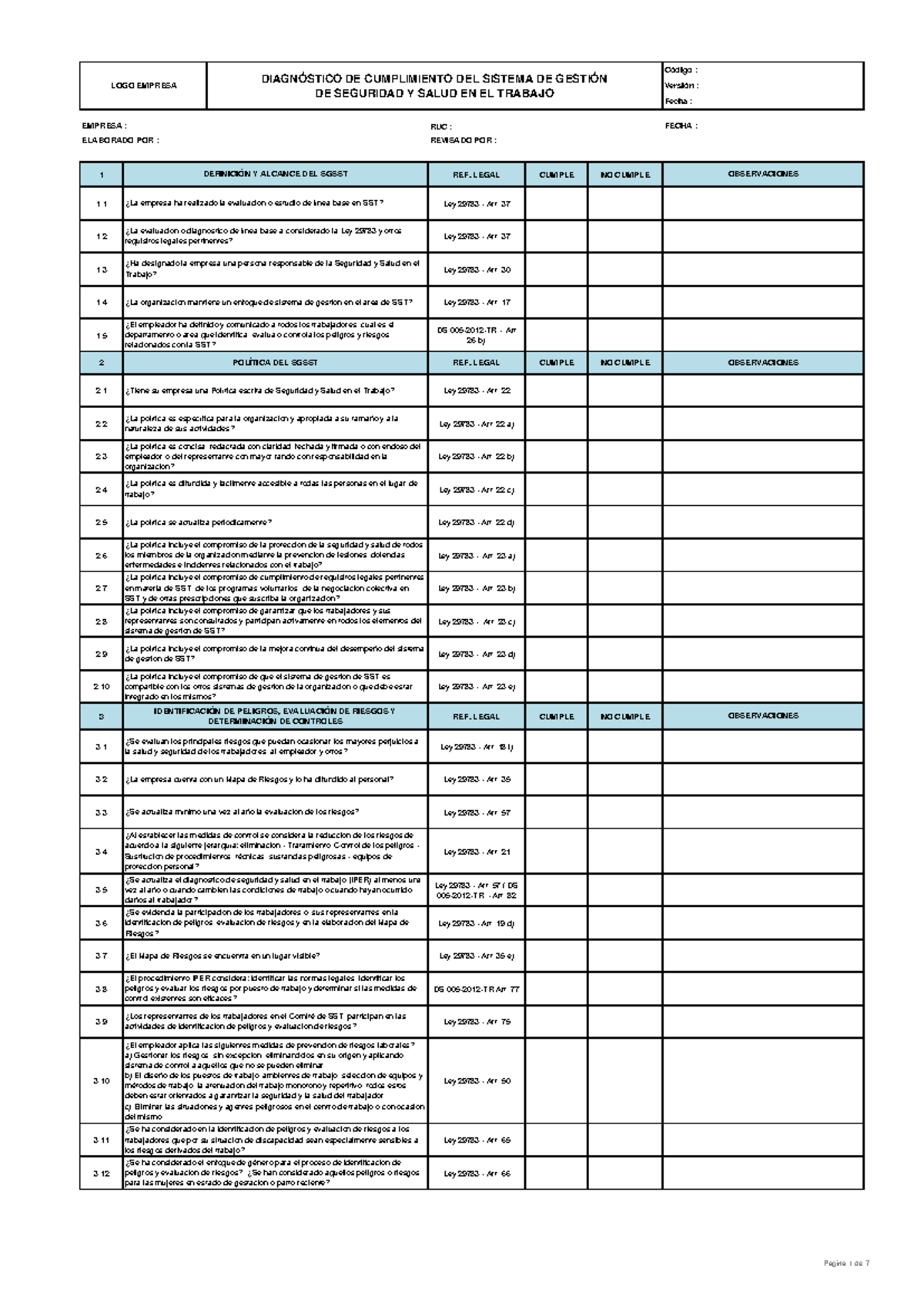 Formato Diagnóstico de Línea Base en SST según Ley 29783 - Document Preview