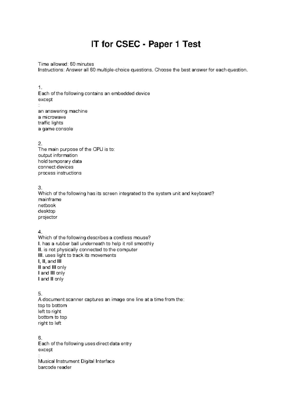 IT for CSEC Paper 1 Test: Comprehensive Review and Practice - Studocu