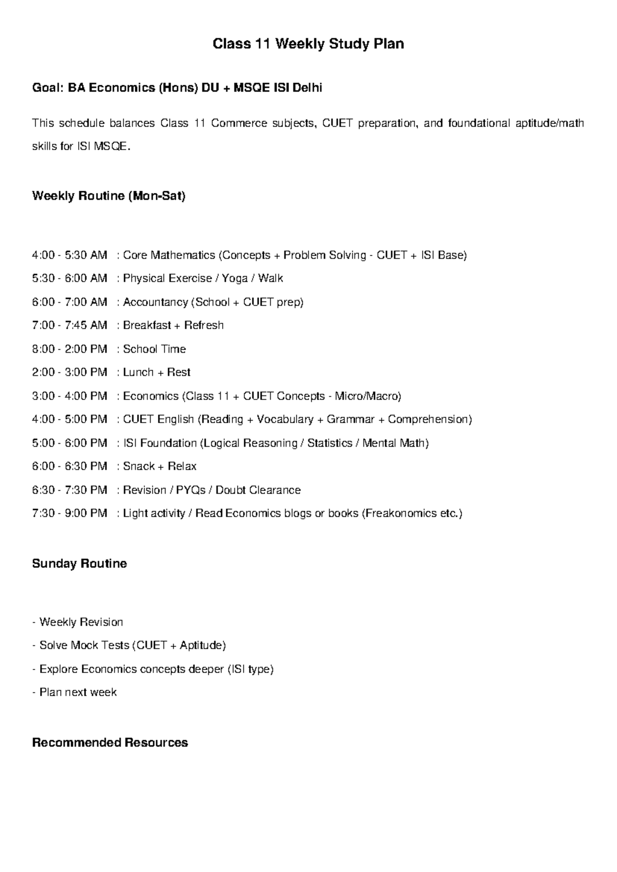 Class 11 Weekly Study Plan for BA Eco (Hons) MSQE ISI Delhi - Studocu