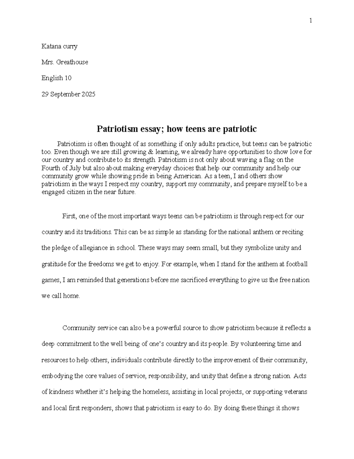 English 10 Essay: Patriotism Among Teens - Mrs. Greathouse - Studocu