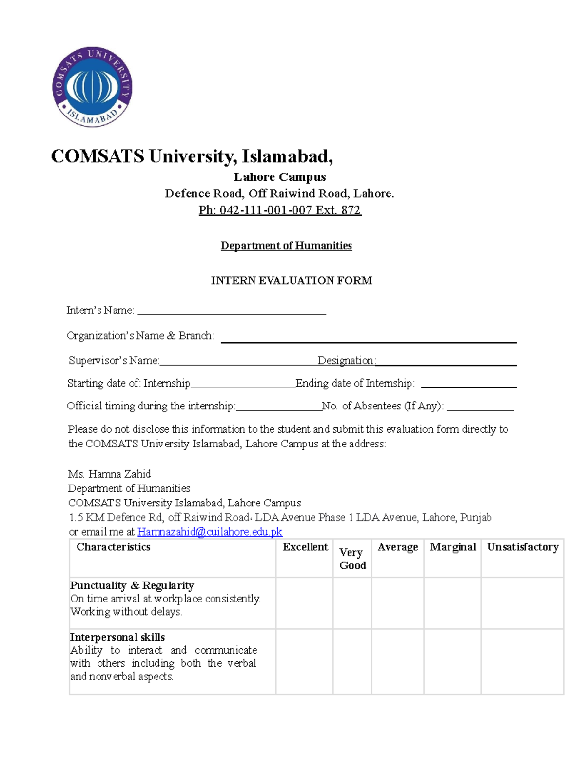 Internship Evaluation Form - COMSATS University, Islamabad, Lahore ...