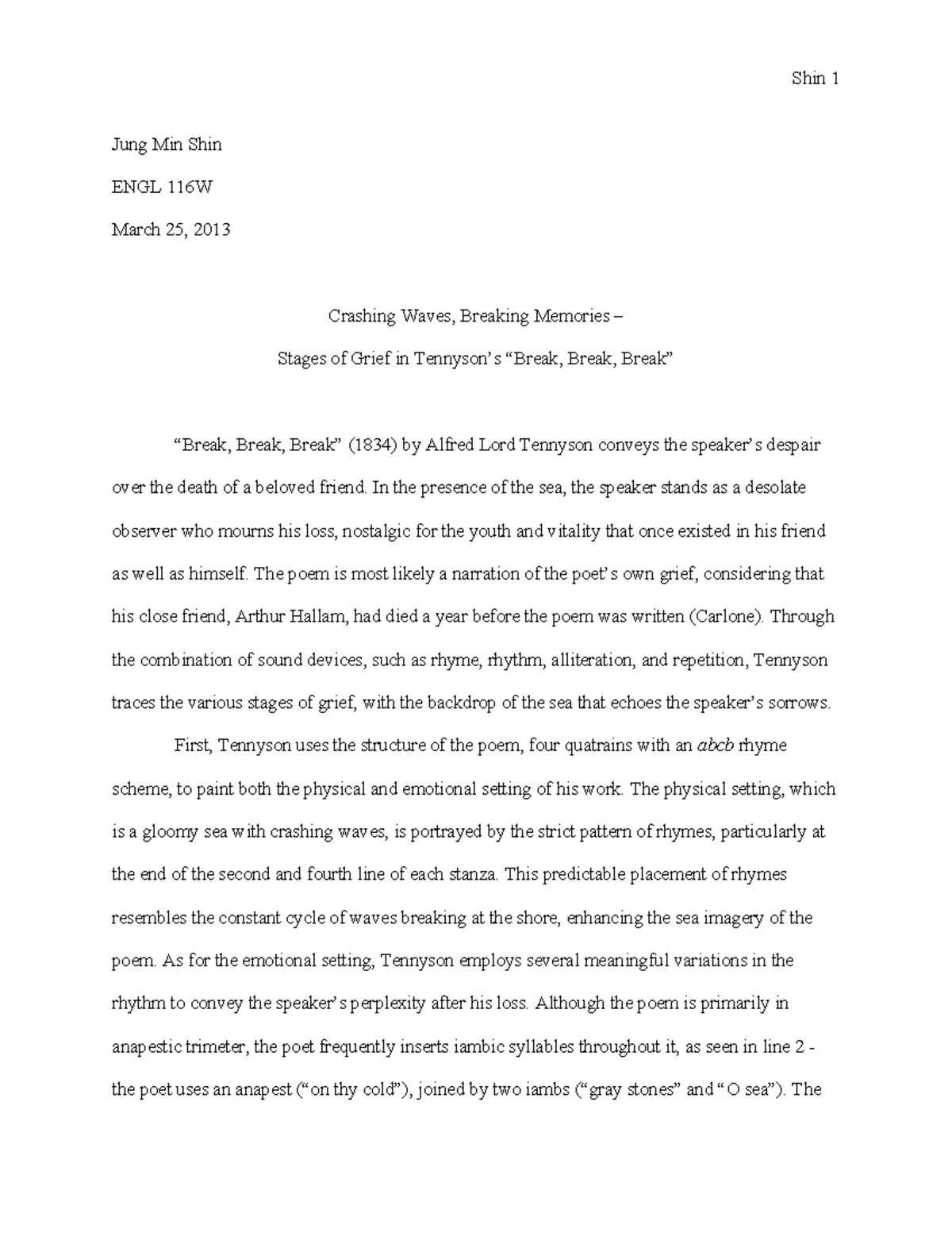 ENGL 116W Essay Notes: Stages of Grief in Tennyson's "Break, Break ...