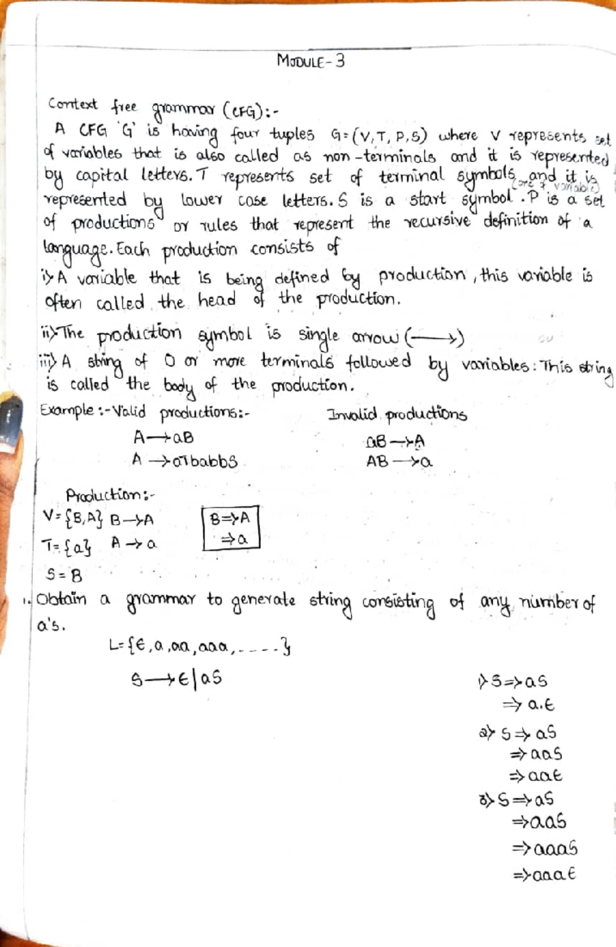 TOC Module 3 - Good notes - 3 Context free grammar (CFG) A CFG is ...
