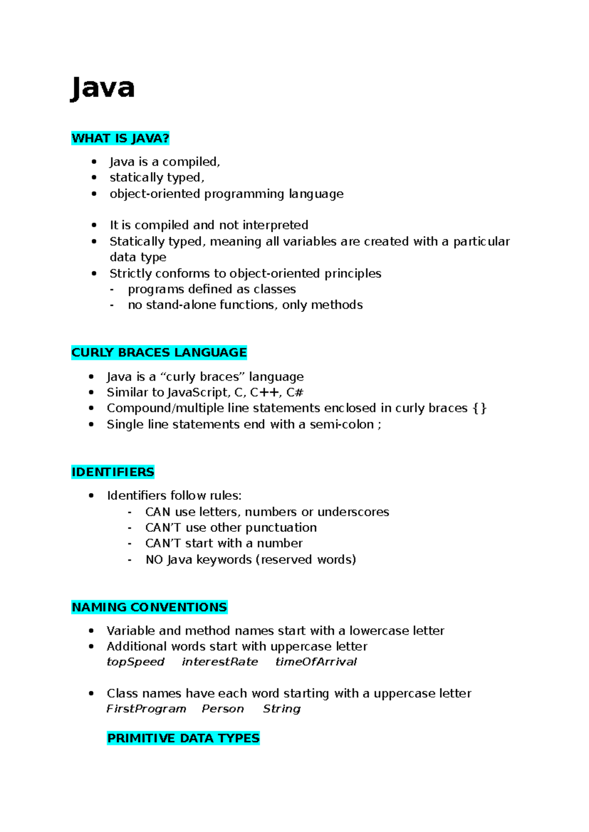 JAVA - Brief Intro to Java Programming Language - Studocu