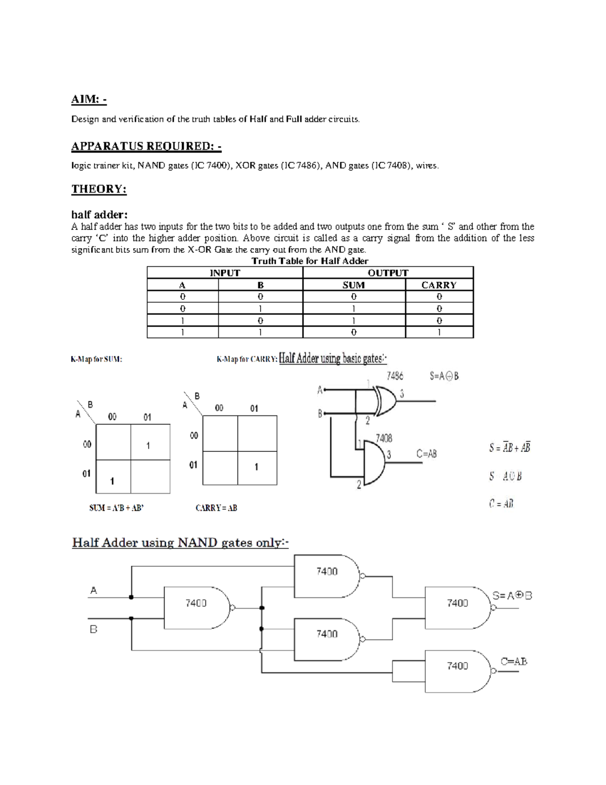 EE 101: Half and Full Adders Experiment - Truth Table Design ...