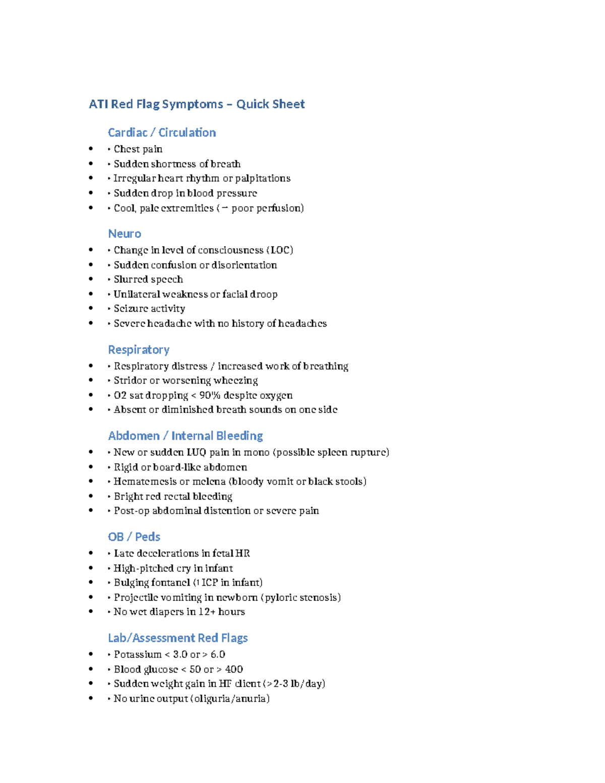 ATI Red Flags Quick Sheet with Test Tips - ATI Red Flag Symptoms ...
