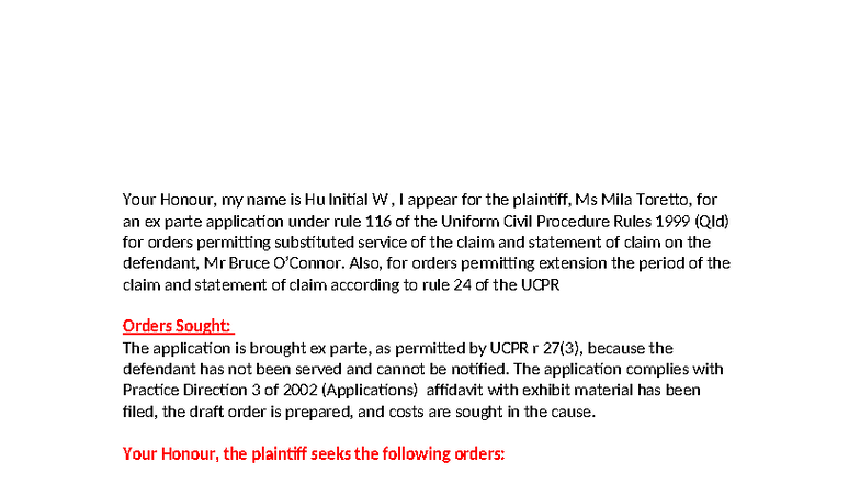 UCPR Rule 116 Ex Parte Application for Substituted Service - Studocu