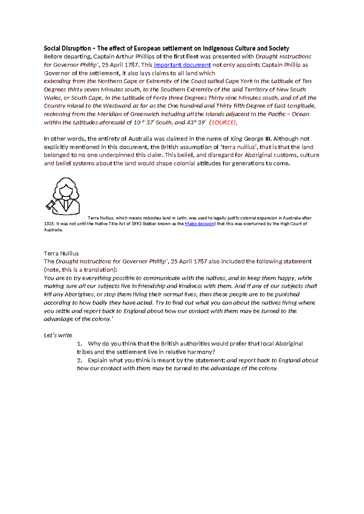 Terra Nullius and Social Disruption Questions - Social Disruption – The ...