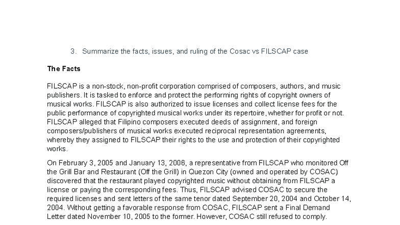 710335088 Cosac vs FILSCAP Case Summary: Facts, Issues, and Ruling ...