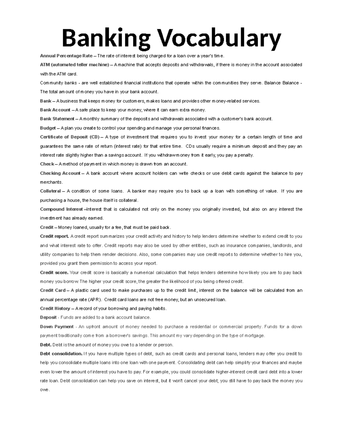 Bank Vocabulary - i want to pass - Banking Vocabulary Annual Percentage ...