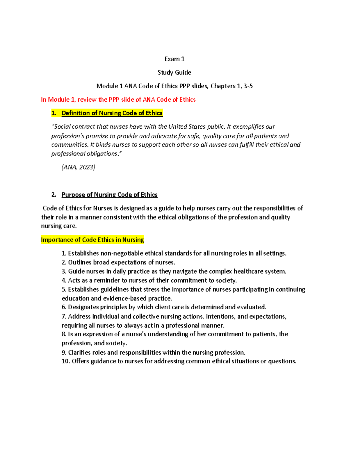 Ethics Exam 1 Study Guide for Nursing (NUR 101) - Key Concepts ...