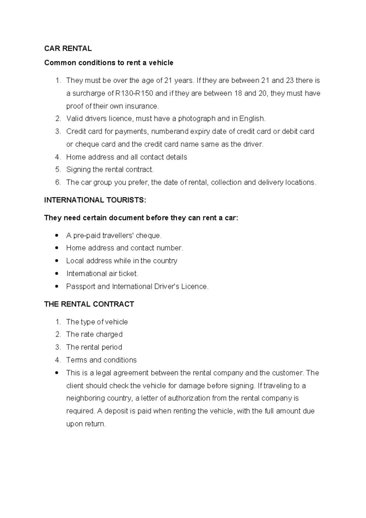 CAR RENTAL - Grade 11 Study Notes on Vehicle Rental Conditions - Studocu