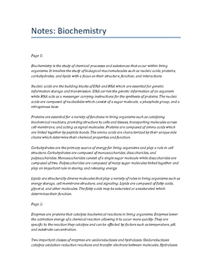 Biochemistry - Study Notes & Assignments - Studocu