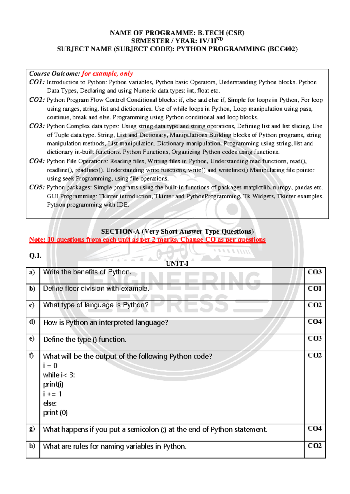 Python Programming (BCC402) - Comprehensive Question Bank for II Sem ...