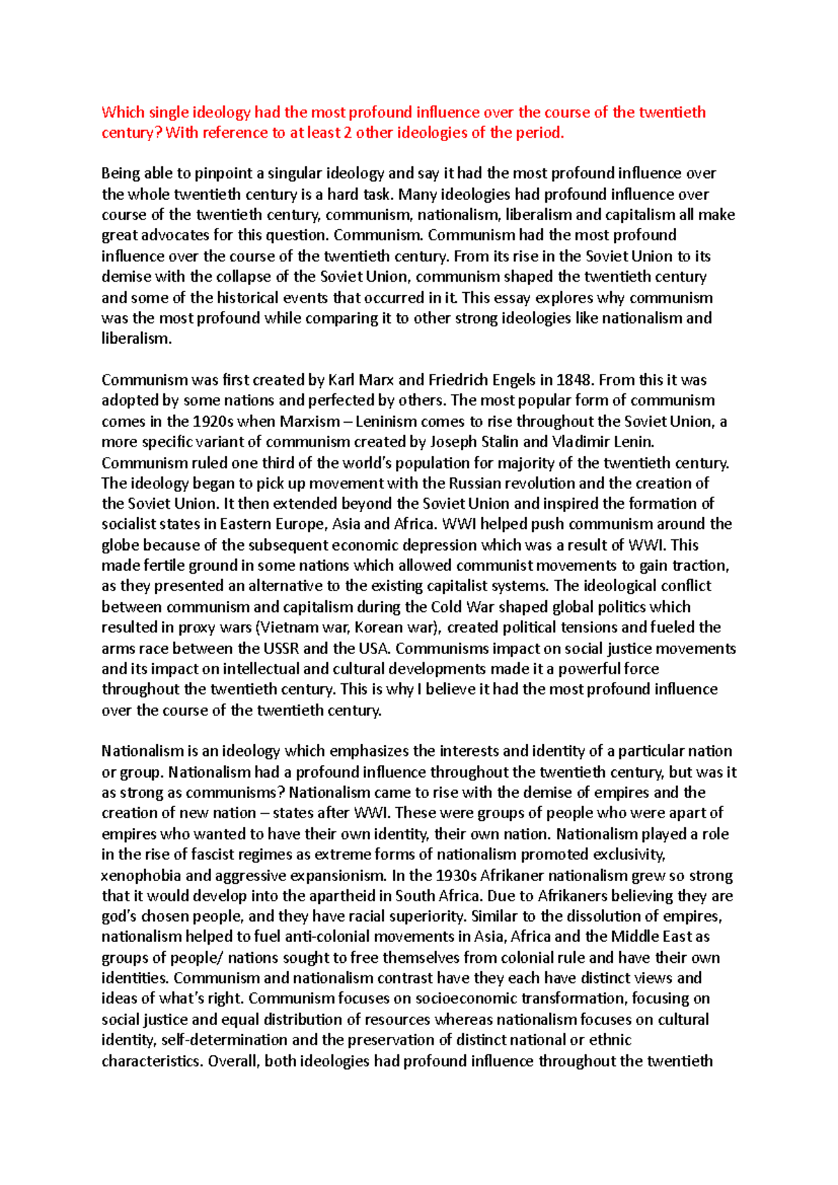Essay Notes - History 102: The Profound Influence of Ideologies in the ...