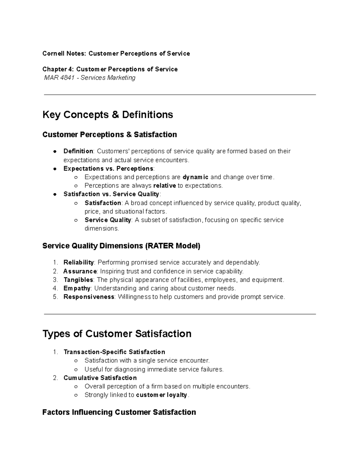MAR 4841 Final Notes: Customer Perceptions & Service Quality - Cornell ...