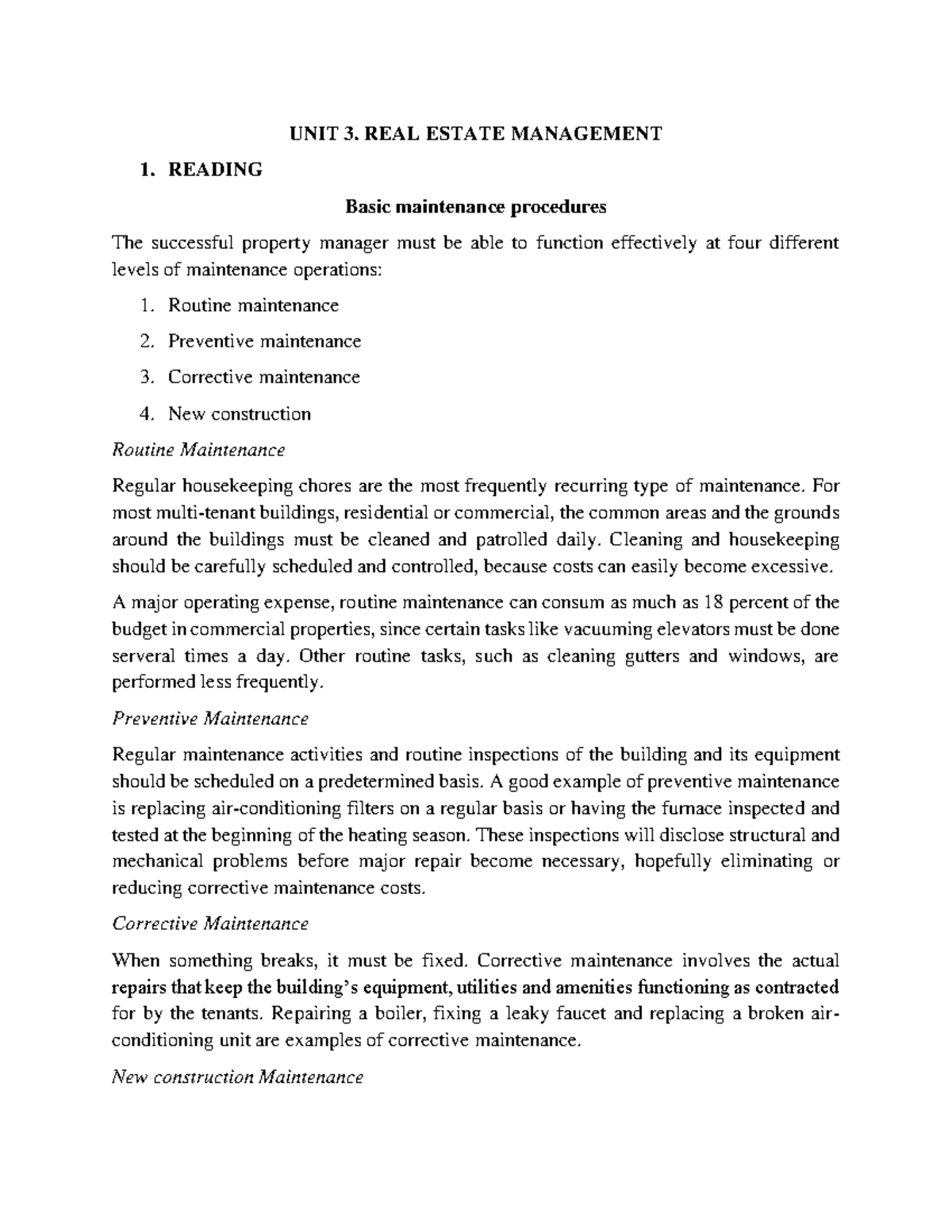 Exercises Unit 3 - note - UNIT 3. REAL ESTATE MANAGEMENT 1. READING ...