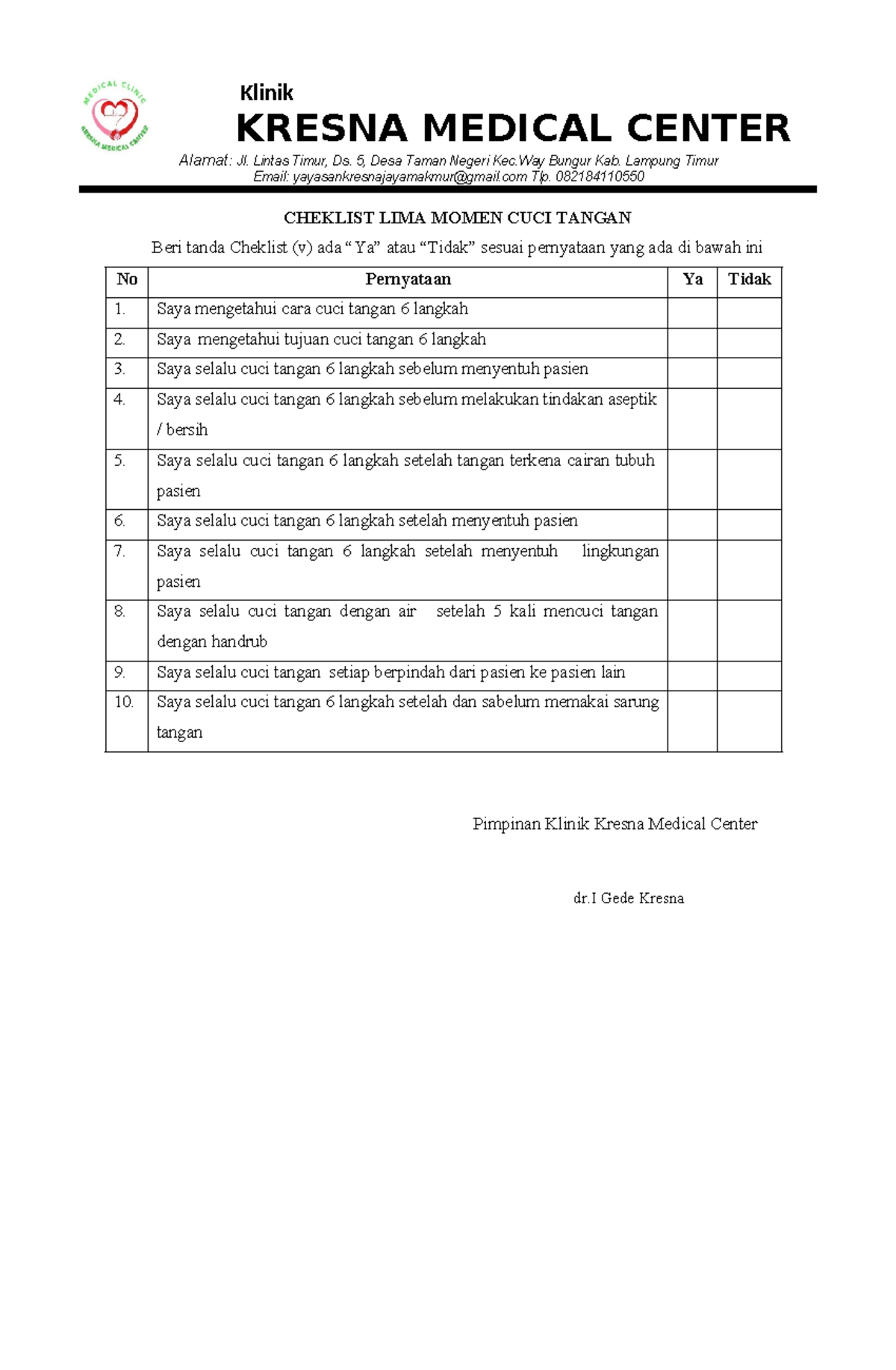 2.3 EP 4 Checklist Lima Momen Cuci Tangan di Klinik Kresna - Studocu
