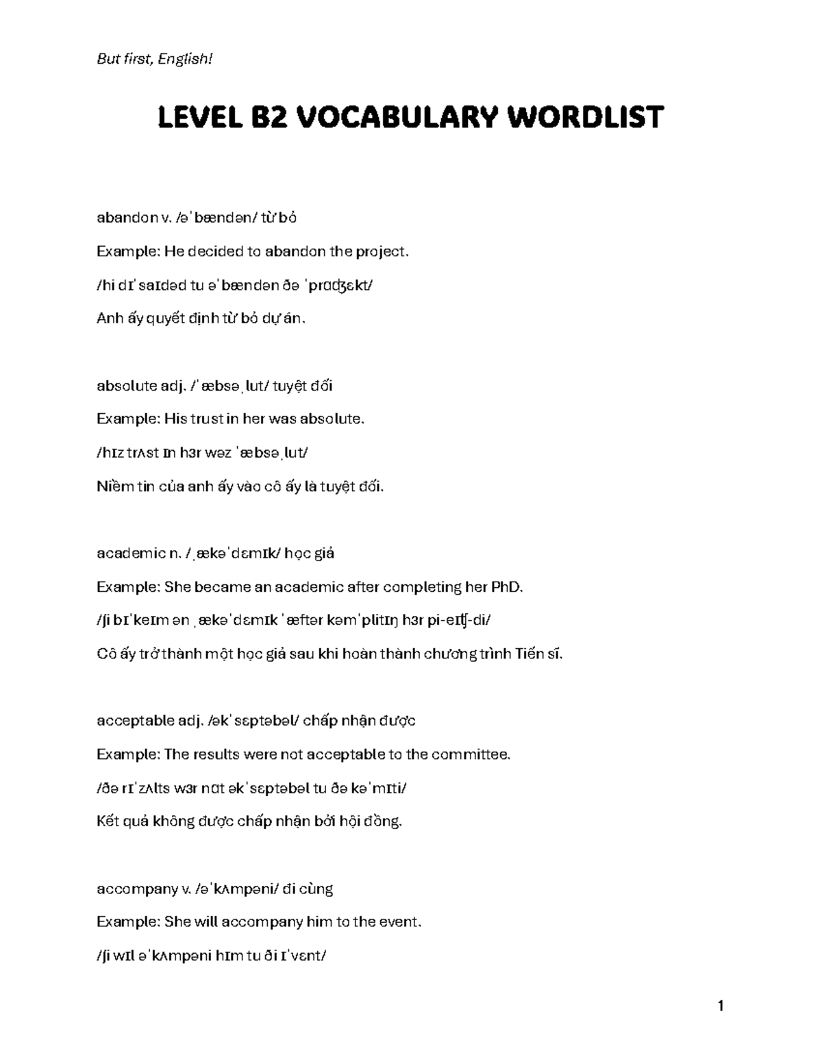 B2 Vocabulary checklist by CEFR - LEVEL B2 VOCABULARY WORDLIST abandon ...