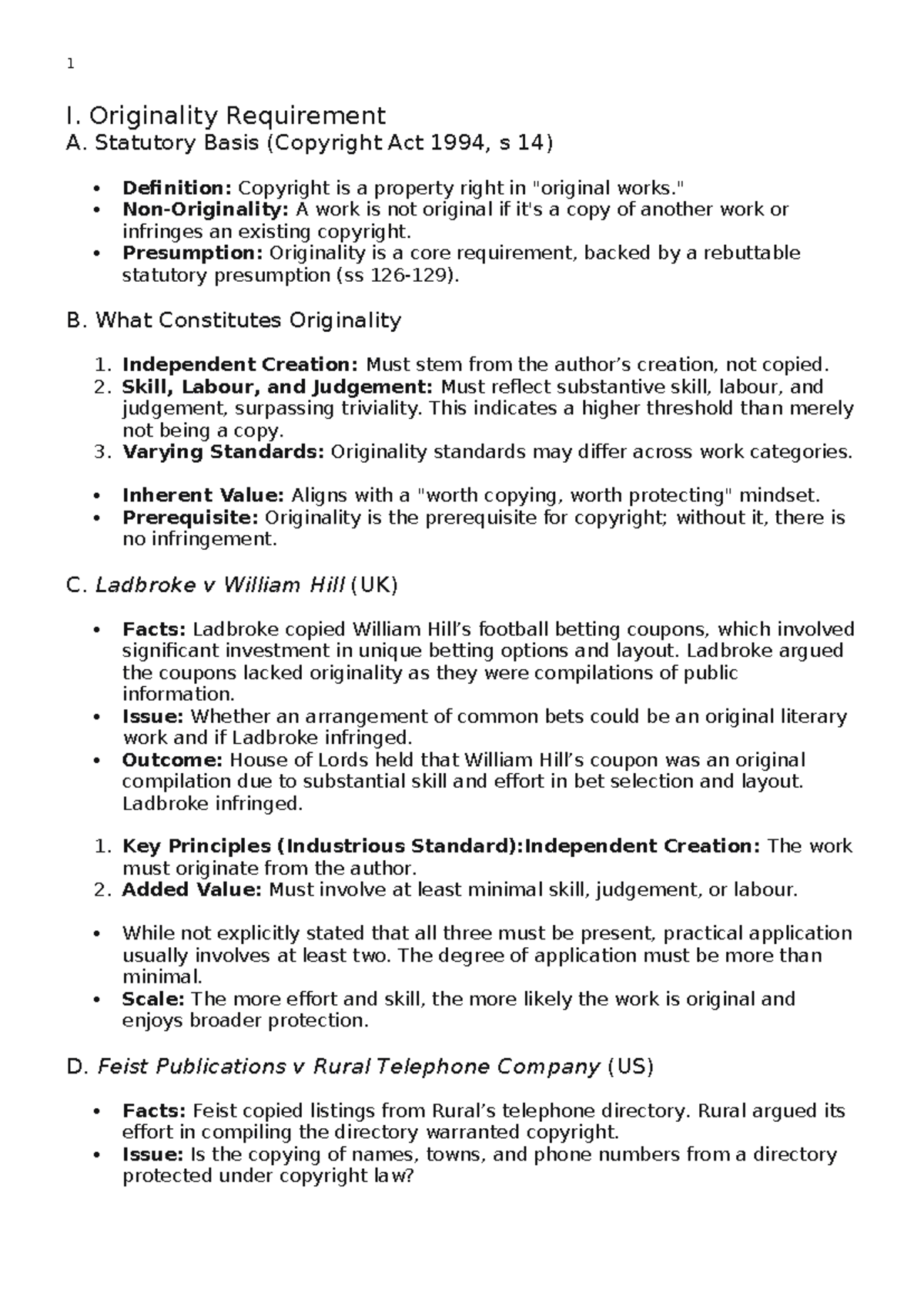 Copyright Cheatsheet: Key Principles and Case Law Analysis - Studocu