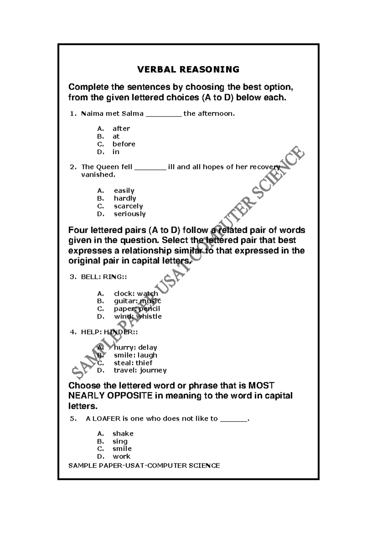 Sample Paper USAT: Verbal Reasoning & Science Exam - Studocu