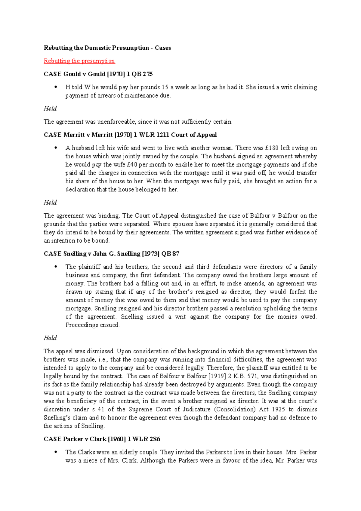 Contract Law - Rebutting the Domestic Presumption Cases - Studocu