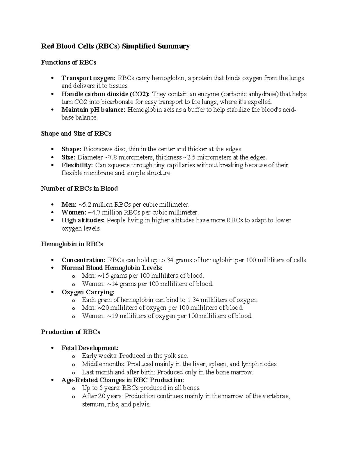 Red Blood Cells Chapter 33 - Red Blood Cells (RBCs) Simplified Summary ...