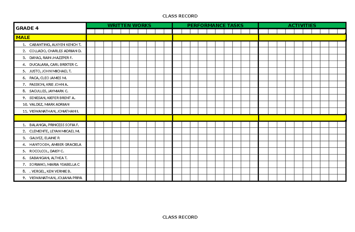Class Record E Sheet: Grade 4 to 8 Written Works & Performance Tasks ...