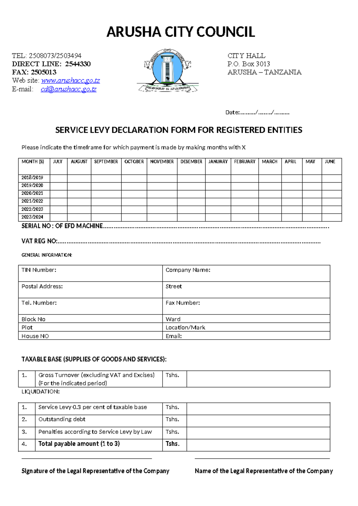 Service Levy Declaration Form for Registered Entities - Arusha City ...