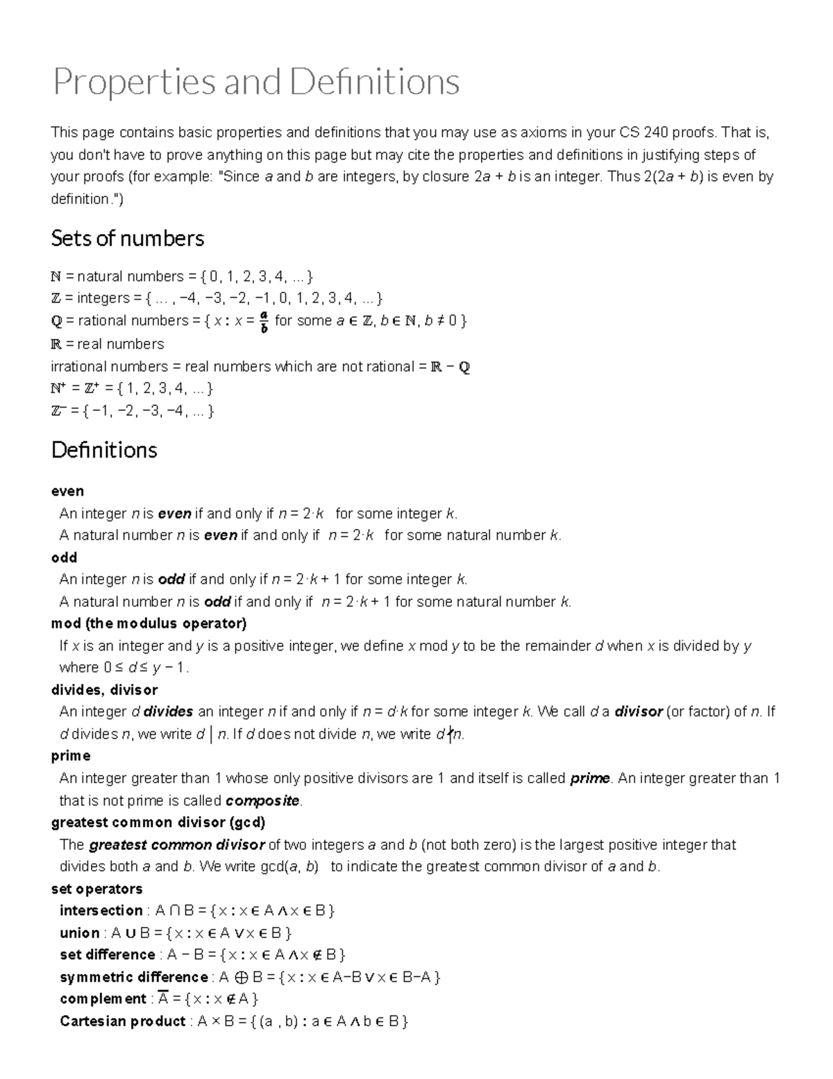 CS 240 Properties and Definitions for Proofs and Axioms - Studocu