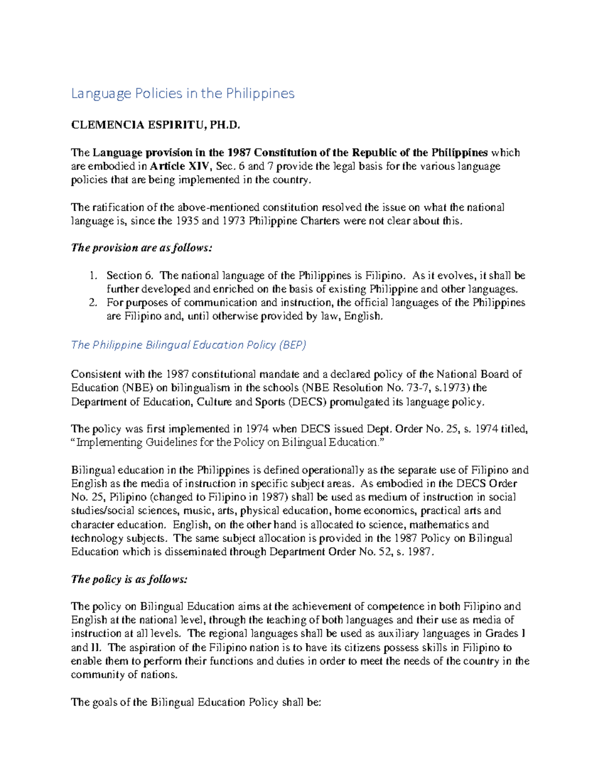 Title: Language Policies in the Philippines: Analysis of Bilingual ...