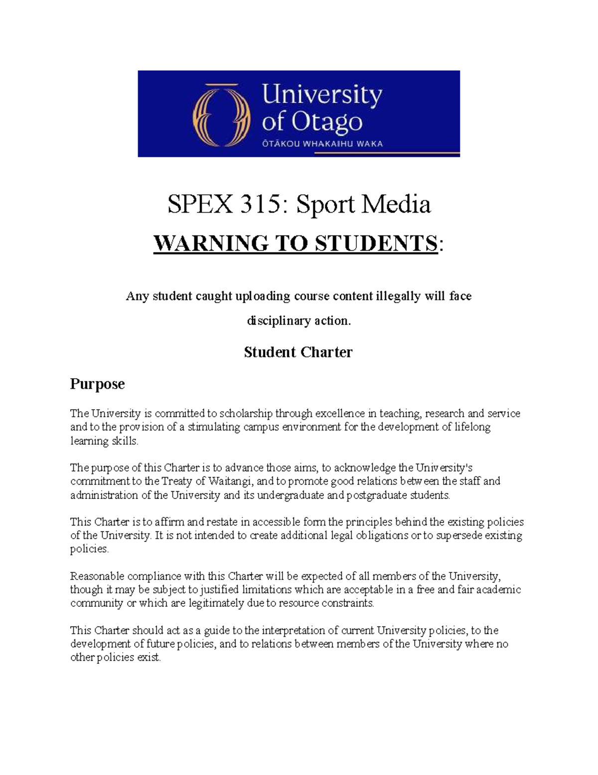 SPEX 315: Student Charter and Responsibilities Overview - Studocu