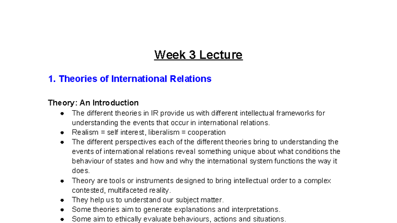 Week 3 Lecture 1: Intro to Theories of International Relations - Studocu
