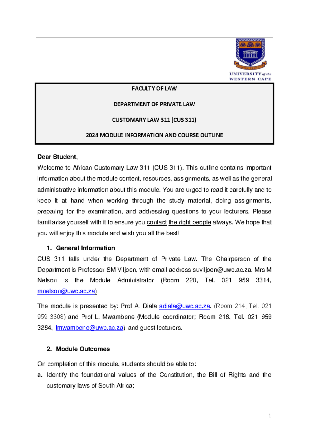Customary Law 311 (CUS 311) 2024 Module Overview and Study Guide - Studocu