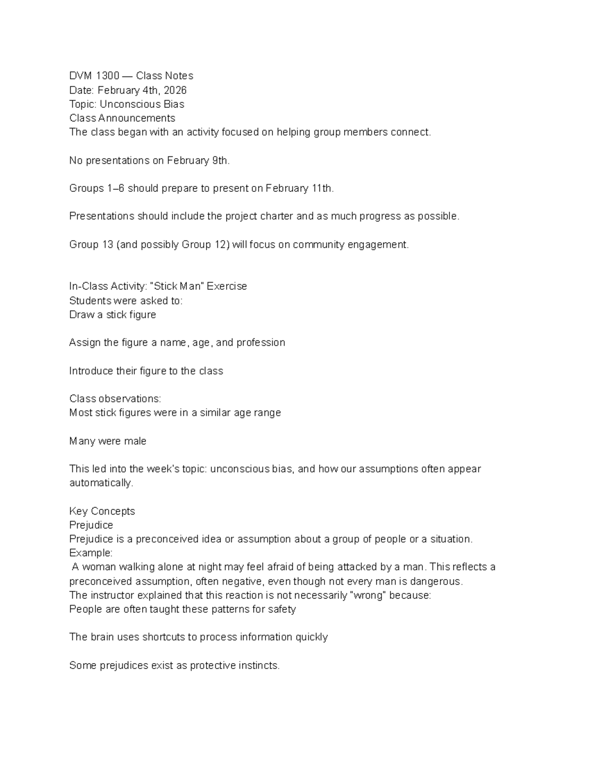 DVM 1300 Class Notes: Unconscious Bias Discussion - Feb 4th - Studocu