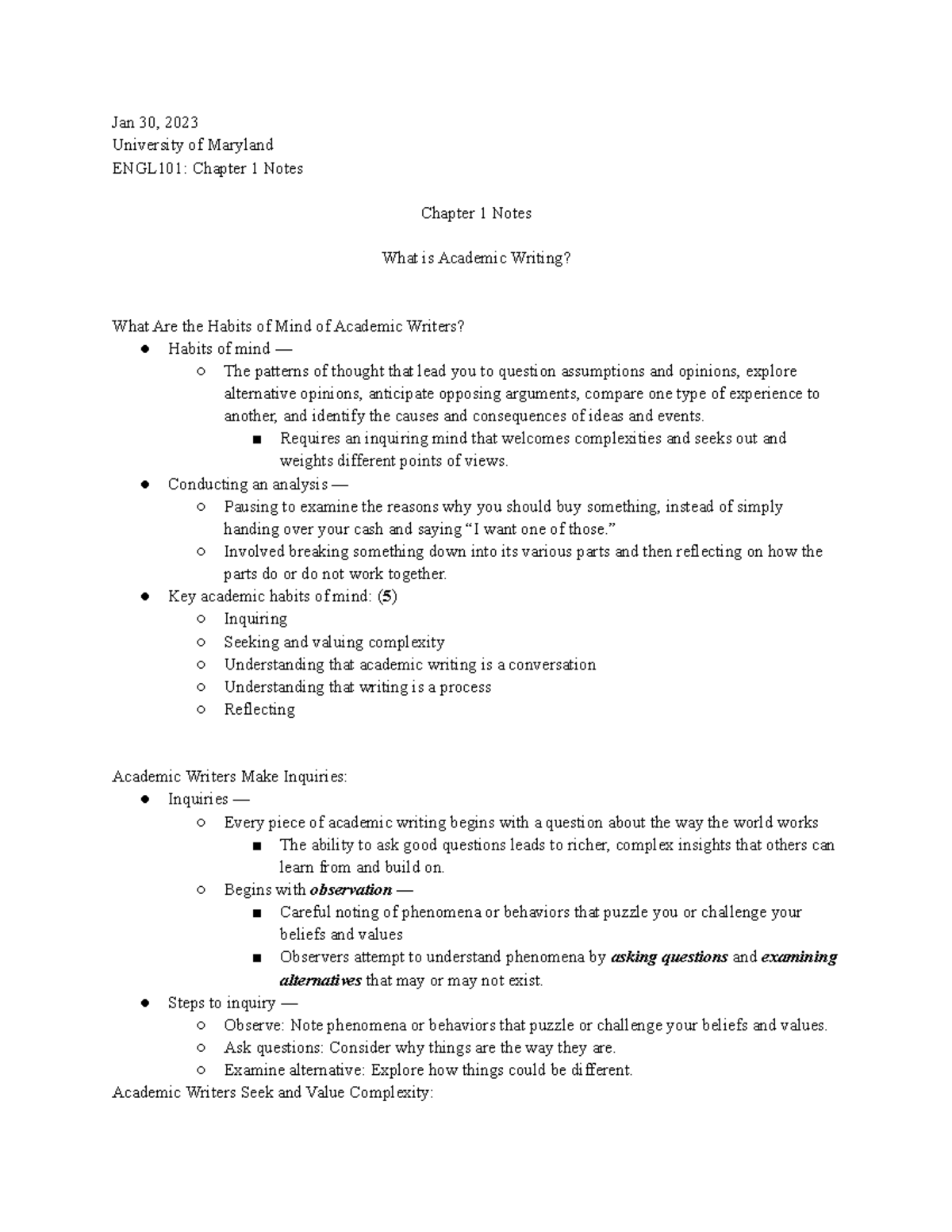 ENGL101 - Ch. 1 Notes - Jan 30, 2023 University of Maryland ENGL101 ...