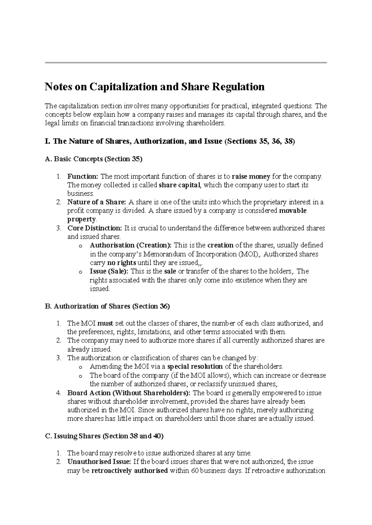 Capitalisation Notes: Understanding Shares & Regulations (Course Code ...