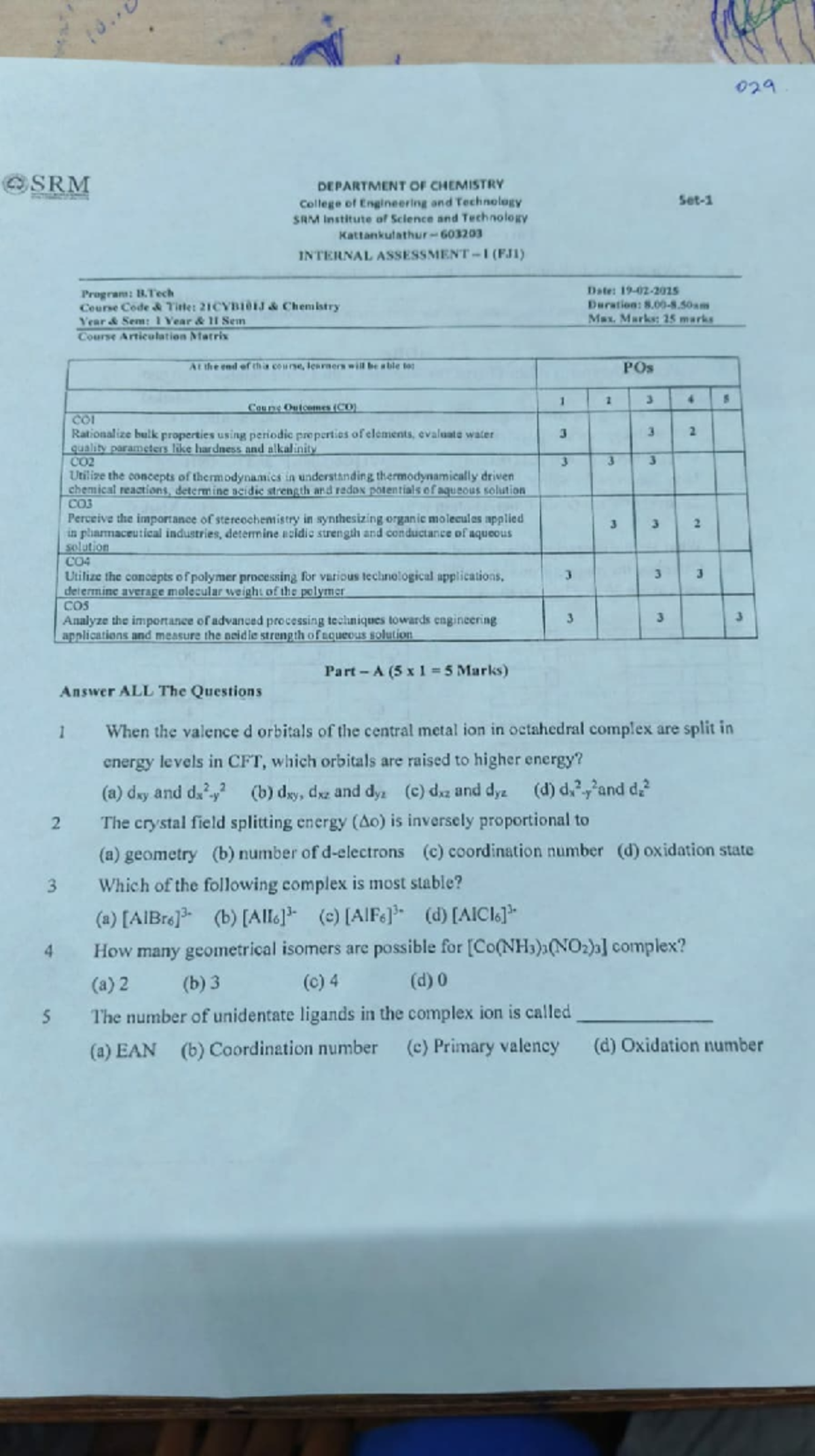 Chem paper - SRM 2 3 4 5 Program: B Course Articulation Matrix Course ...