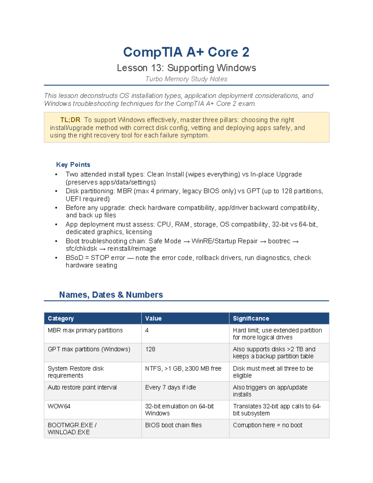 CompTIA Core 2 Lesson 13: Windows Turbo Memory Support Study Notes ...