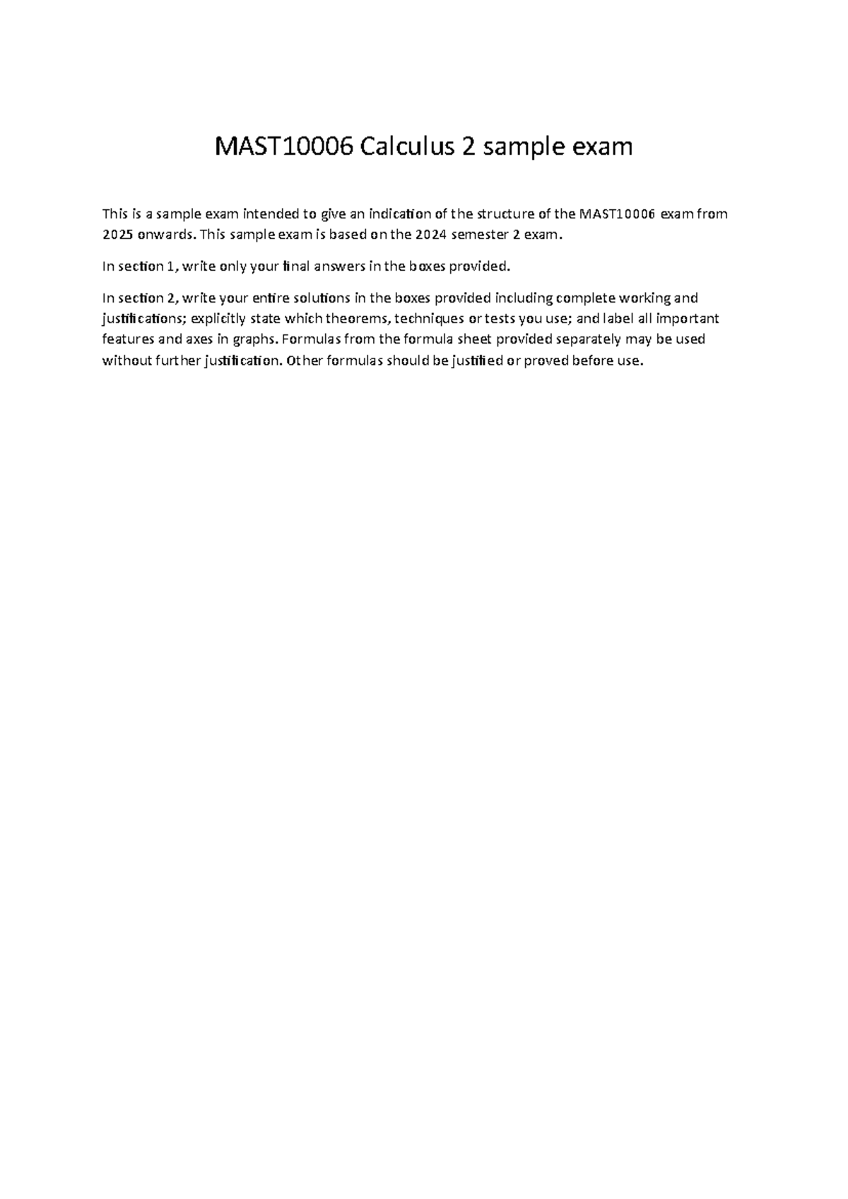 Calculus 2 Sample Exam - Past Paper for Semester 1 2025 - Studocu