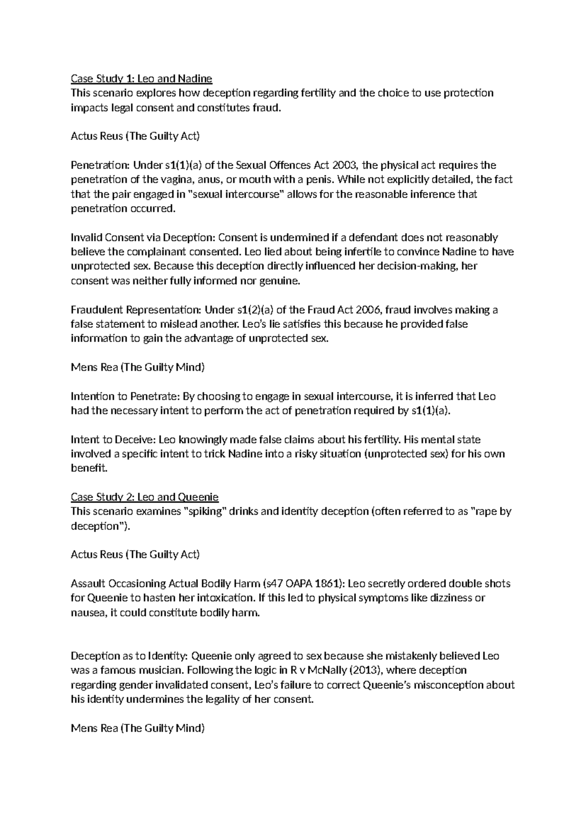 Case Study 1 & 2: Deception and Consent in Criminal Law - Studocu