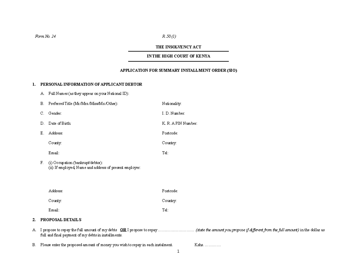 Application for summary instalment order - Form No. 24R. 50 (1) THE ...