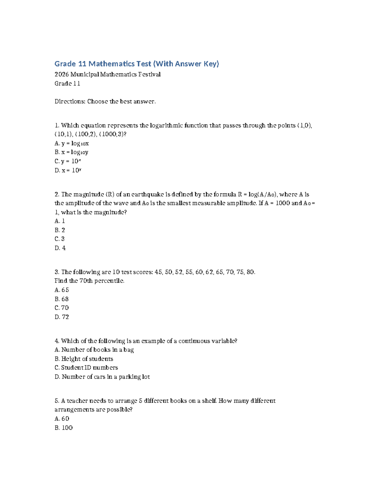 Grade 11 Math Test (2026) with Answer Key - Studocu