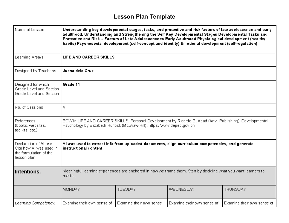 LS ILAW W2 - Lesson Plan on Developmental Stages in Adolescence - Studocu