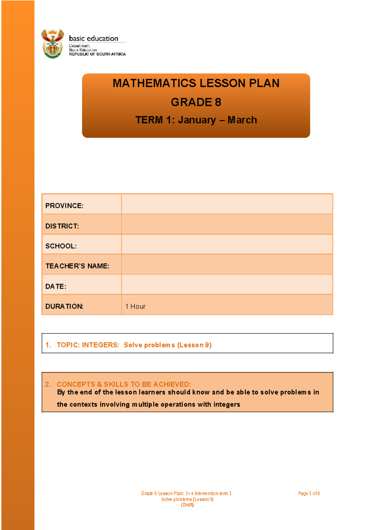 Grade 8 Mathematics Lesson Plan: Integers Problem Solving (Term 1 ...