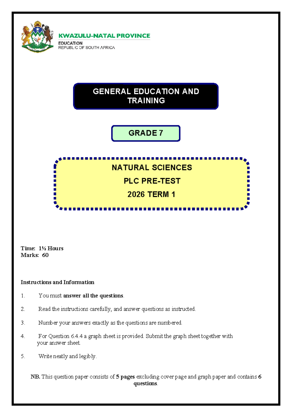 PLC Pre-Test: Grade 7 Natural Sciences Term 1 2026 - Studocu
