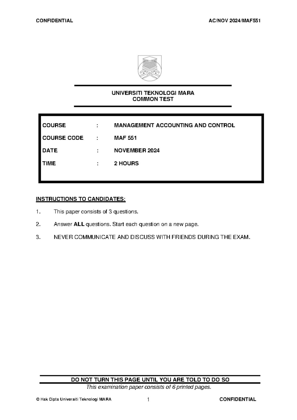 Management Accounting & Control Common Test MAF 551 - May 2024 Study ...